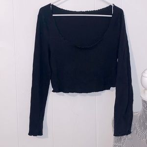 Black round neck stretchy lightweight comfy Long Sleeve Crop Top
